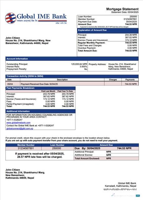 Download Nepal Global IME Bank mortgage statement Word and PDF template Photoshop template